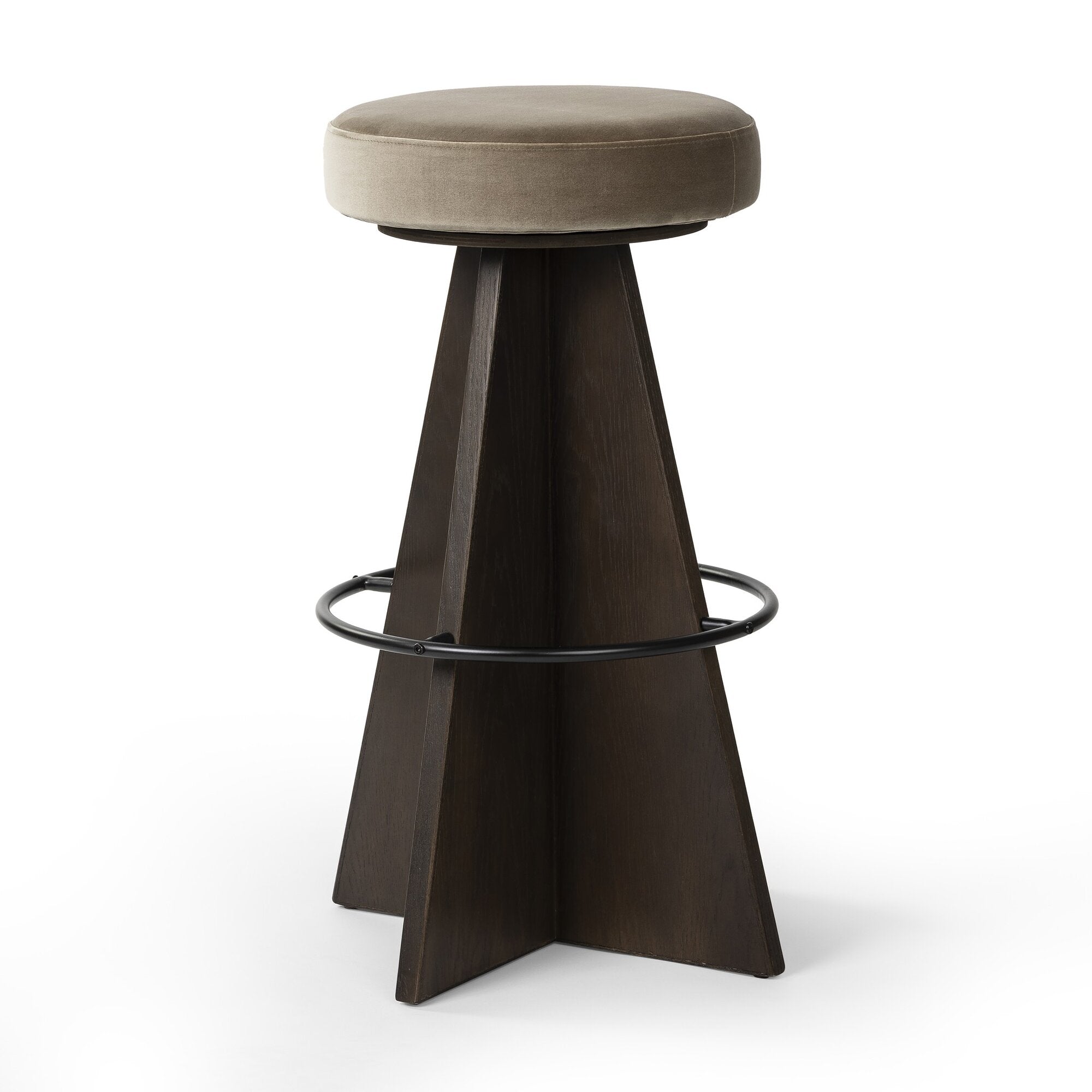Damon swivel bar stool in Sapphire Khaki with angular wood base