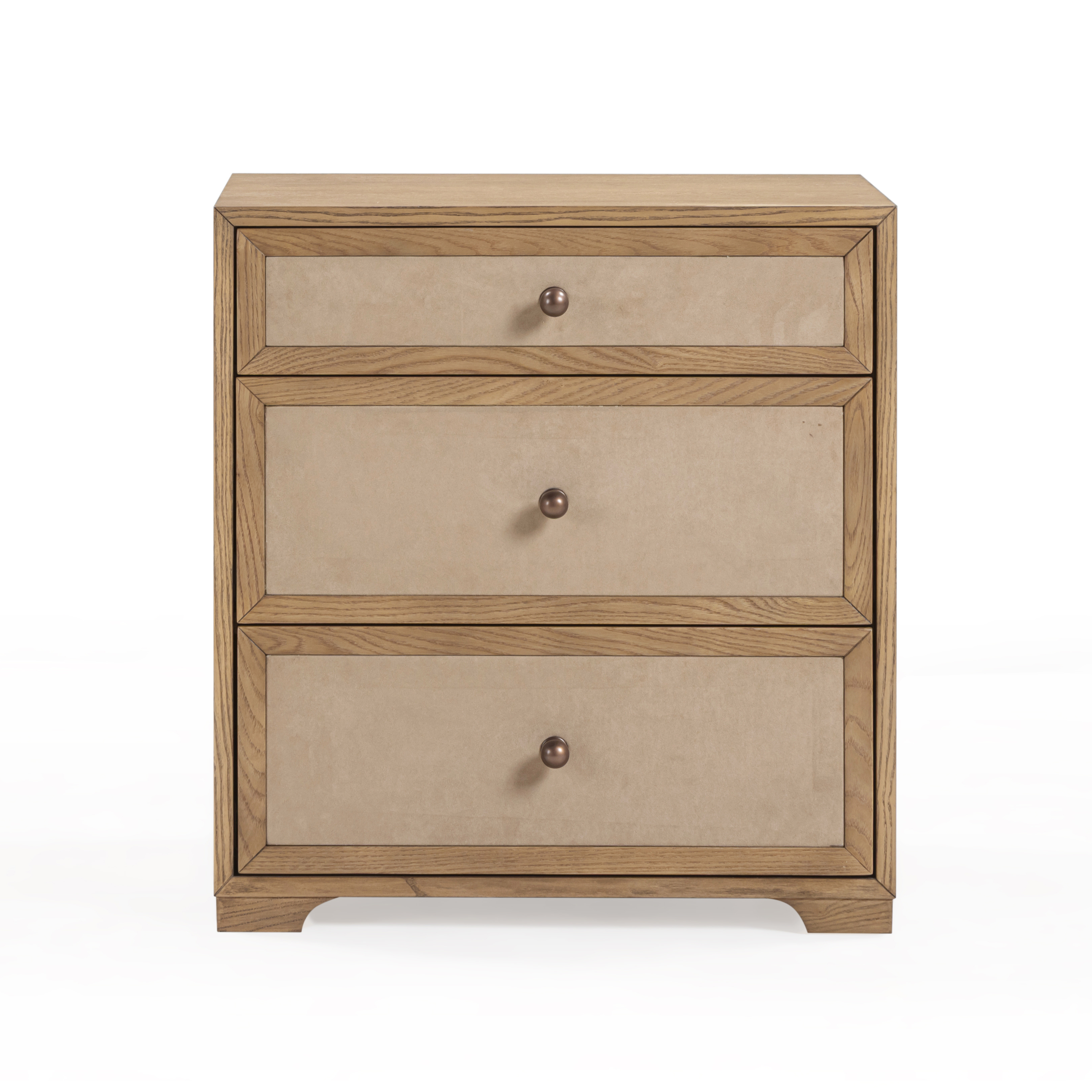 Paurentis 3-Drawer Nightstand with light taupe suede drawer fronts