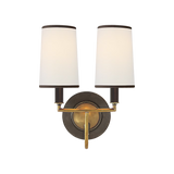 Elkins Double Sconce in Bronze and Hand-Rubbed Antique Brass with Linen Shades with Black Trim