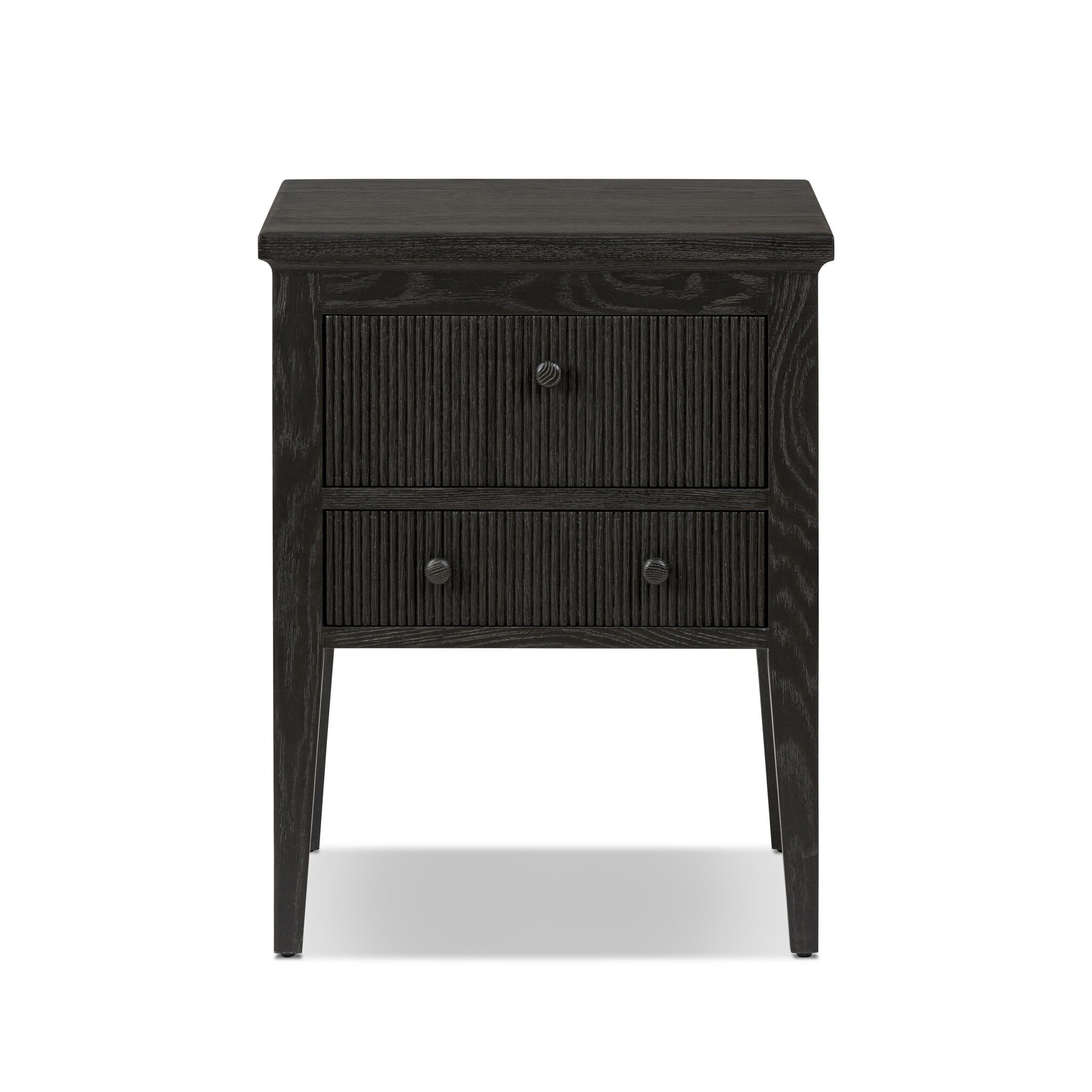 Bush Nightstand in Distressed Black Oak finish with two reeded drawers and tapered legs