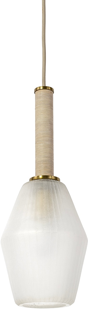 Paxton Pendant with frosted glass shade, antique brass details, and wrapped cane matting in whitewash finish