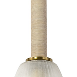Paxton Pendant with frosted glass shade, antique brass details, and wrapped cane matting in whitewash finish