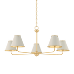 Burghley five-light chandelier in Aged Brass with Off White metal shades