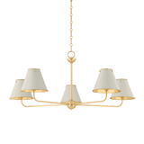 Burghley five-light chandelier in Aged Brass with Off White metal shades
