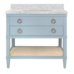 CUTLER LB bath vanity in matte light blue with Carrara marble top and woven cane shelf