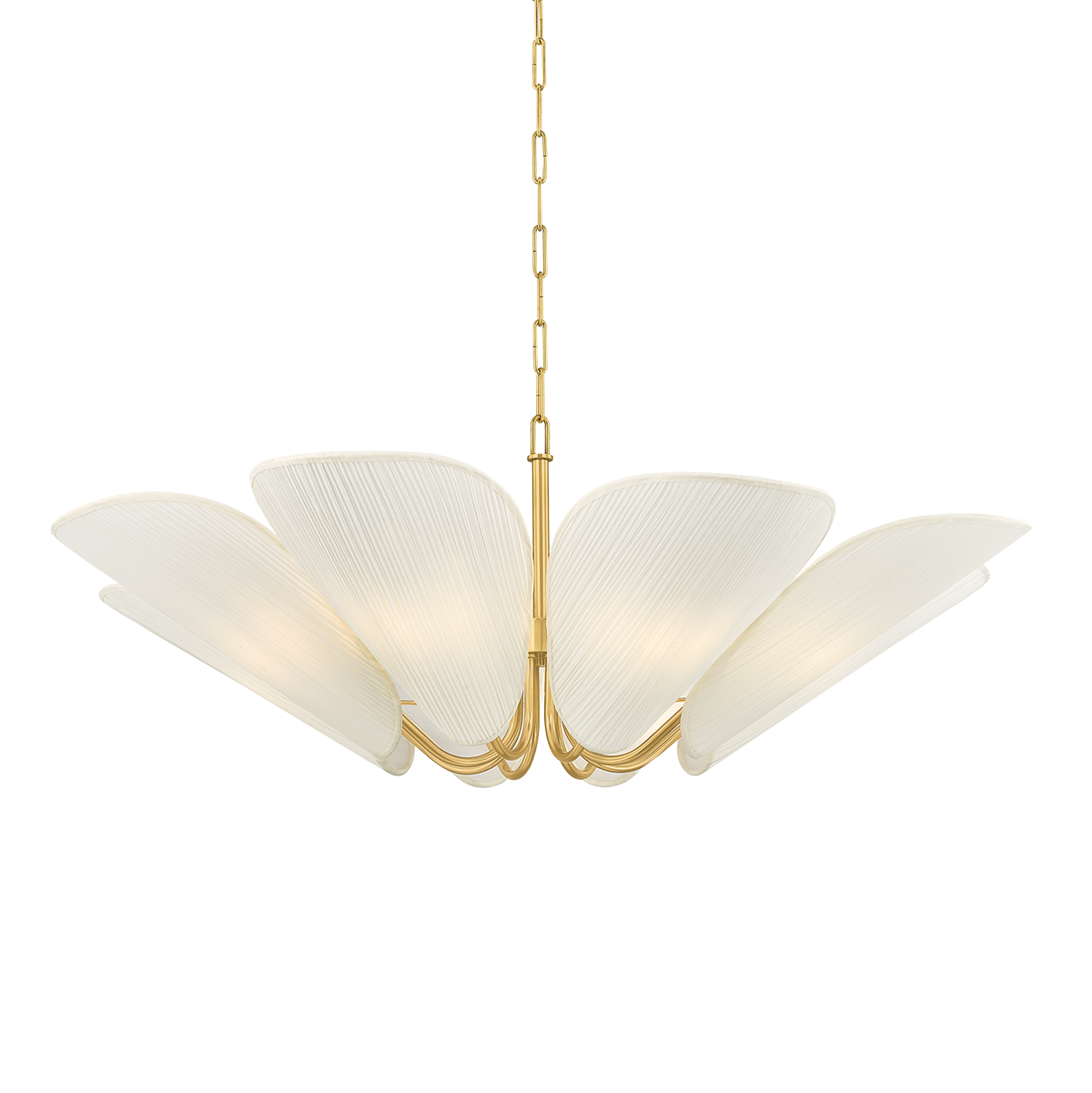 Winifred eight-light chandelier with gathered off-white linen petal shades and Aged Brass frame