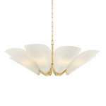 Winifred eight-light chandelier with gathered off-white linen petal shades and Aged Brass frame