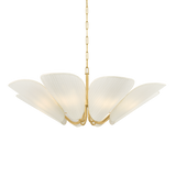 Winifred eight-light chandelier with gathered off-white linen petal shades and Aged Brass frame