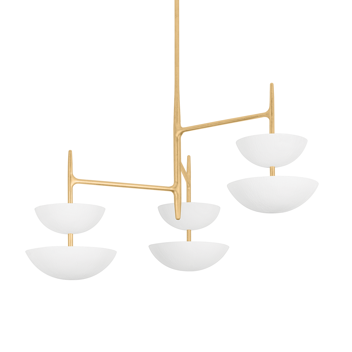 EVANDER chandelier with gesso white bowl shades and a slender warm-metal frame