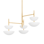 EVANDER chandelier with gesso white bowl shades and a slender warm-metal frame
