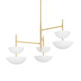 EVANDER chandelier with gesso white bowl shades and a slender warm-metal frame