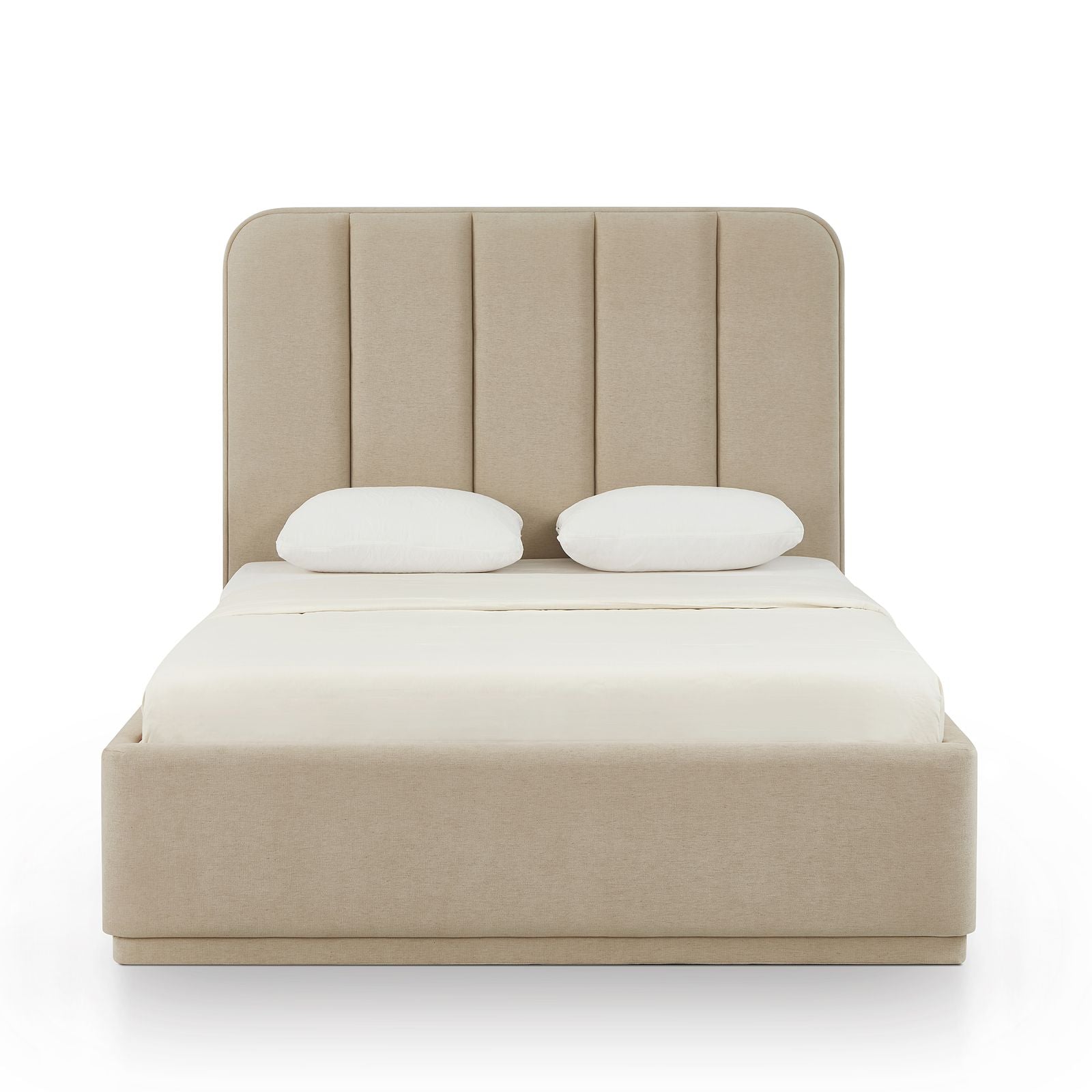 Barker Bed Queen in tan chenille with channeled headboard