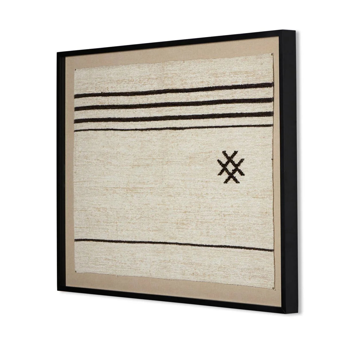 Angled view of Ankara Textile II woven artwork and black maple frame